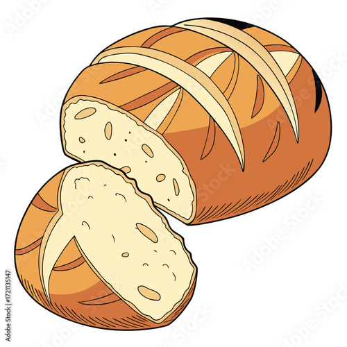 A freshly baked loaf of bread partially sliced showing the inside
