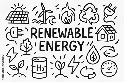 Renewable energy outline icon set: eco-friendly, sustainable energy collection