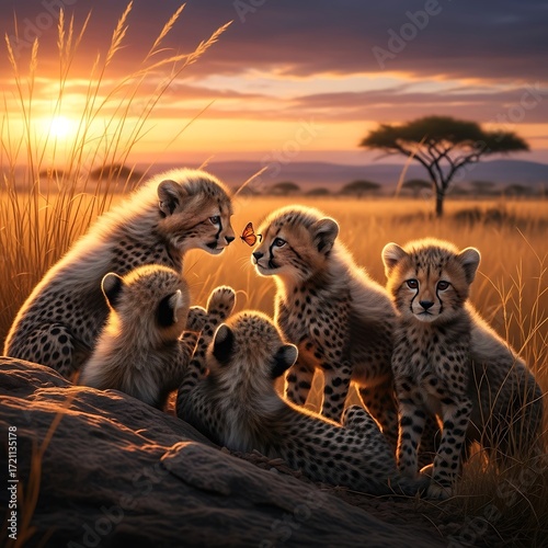 Cheetah Cubs at Sunset in the African Savanna.