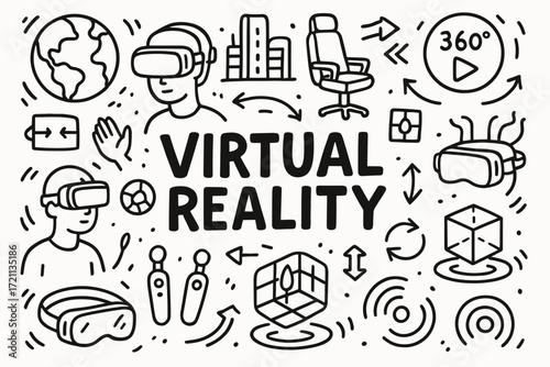Virtual reality outline icon set. vr headset, gaming, simulation, immersive experience icons.