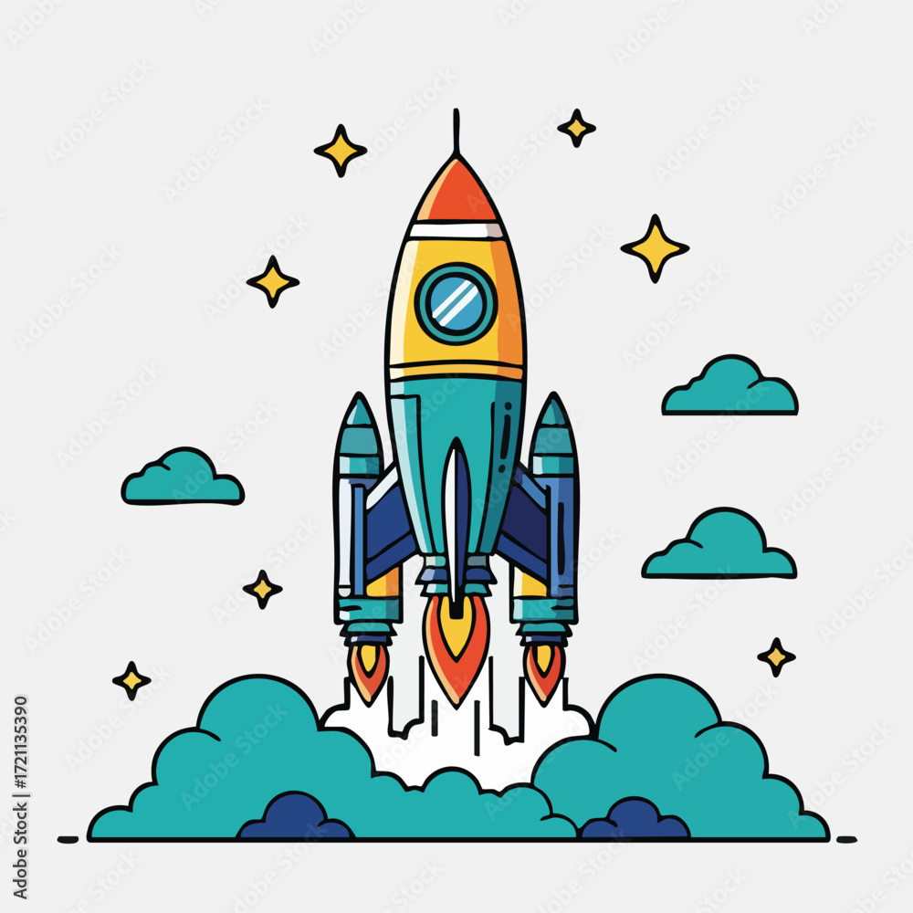 Fototapeta premium Rocket Launching into Space with Clouds and Stars.