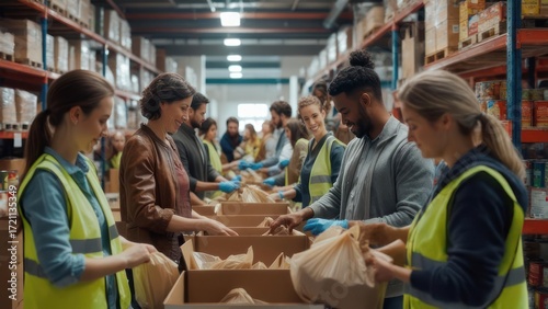 A large group of people volunteers sorting and packing food items in a warehouse
