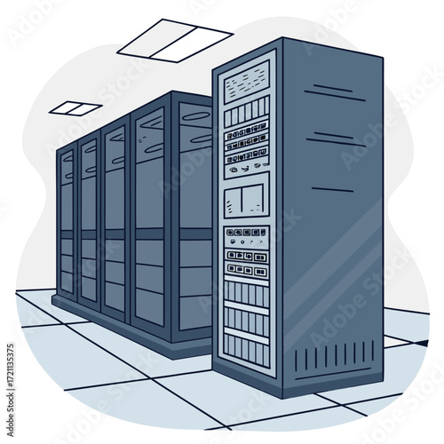 Illustration of a server room with multiple rack servers in a row