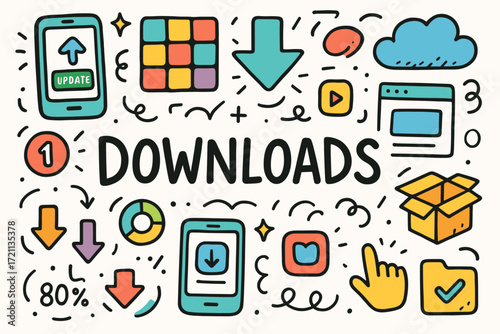 Downloads and updates icon set. colorful, hand-drawn doodle icons collection