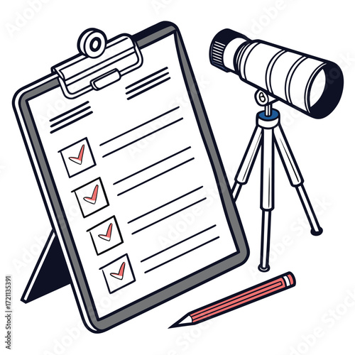 Observational study tools including a checklist telescope and writing utensil