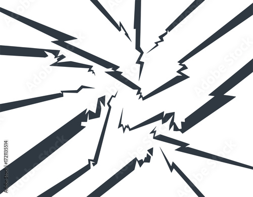 Abstract dark lightning strikes bursting from a central point on a white background, dynamic explosion of energy and power, graphic illustration, radial burst effect