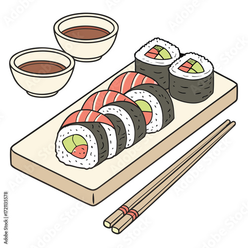 A colorful assortment of sushi rolls with sauces and chopsticks shown