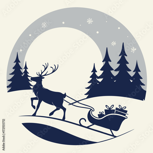 A serene winter scene featuring a reindeer pulling a sleigh with gifts