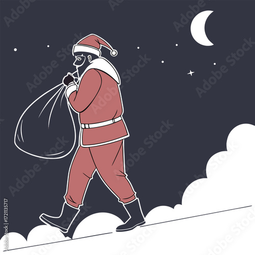 Santa claus walking with a large sack under the night sky
