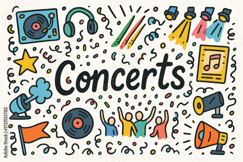 Concert, music event doodle icon set. festival, entertainment line art collection