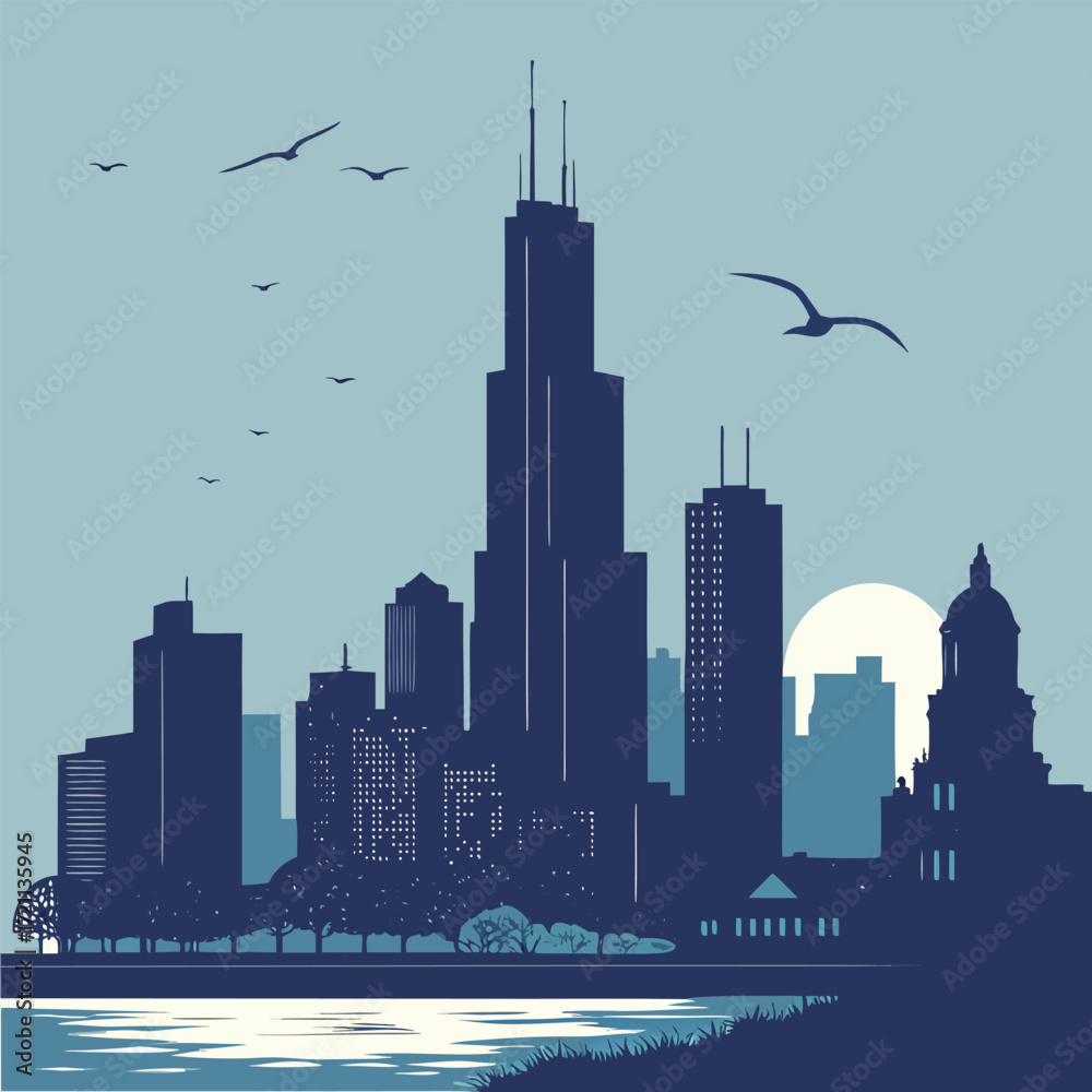 Obraz premium Chicago skyline illustration featuring prominent buildings and a serene waterfront scene