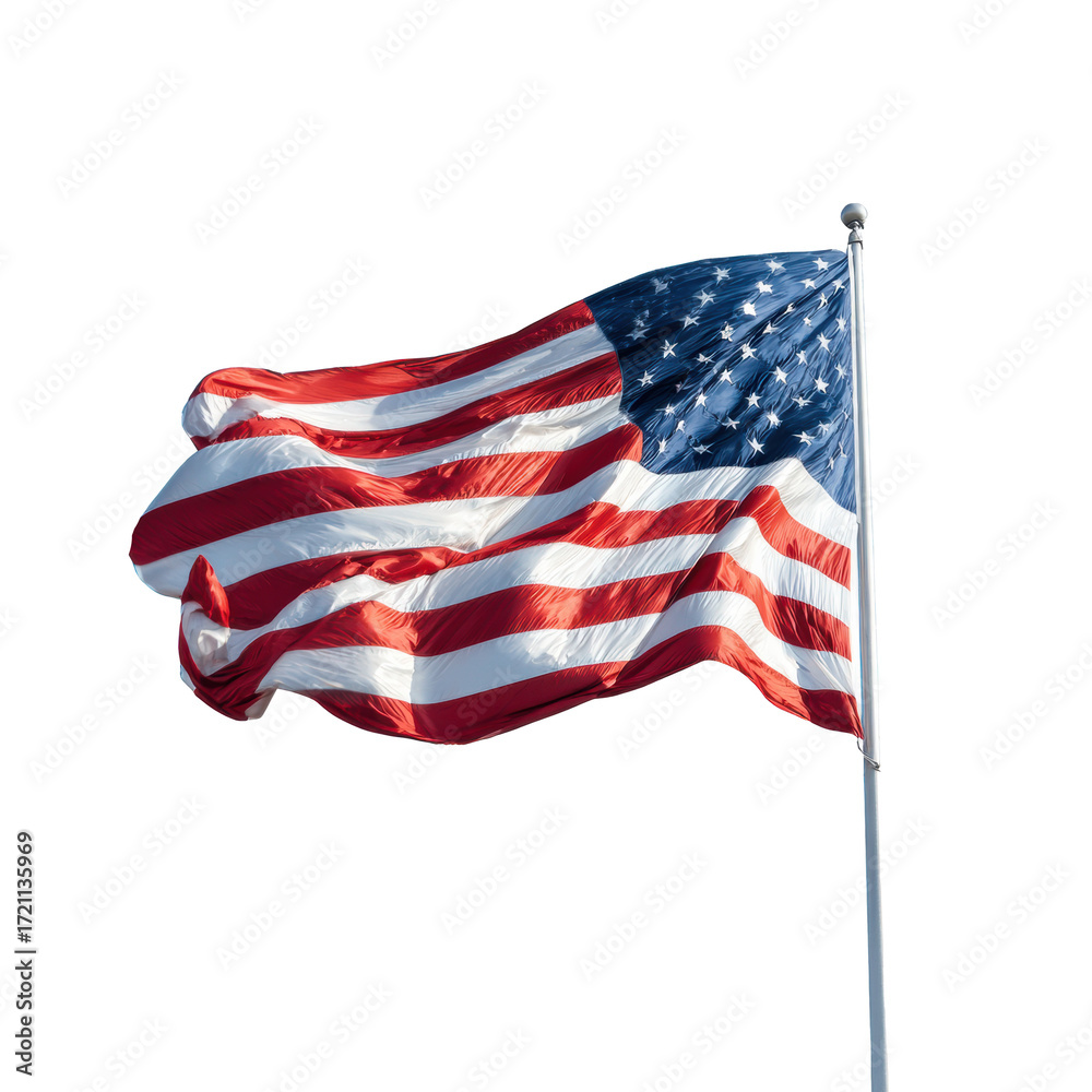 Naklejka premium Vibrant American flag waving in the wind during bright day on a transparent background, cut out