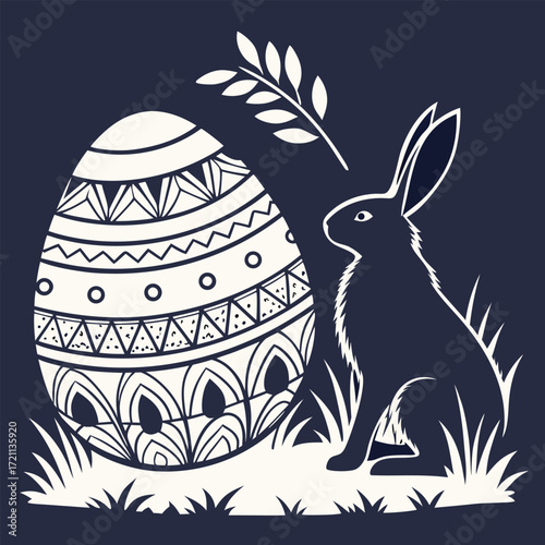 A beautifully decorated easter egg with a rabbit in a graphic style