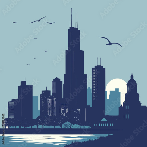 Chicago skyline illustration featuring prominent buildings and a serene waterfront scene