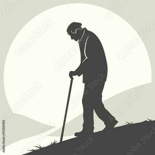 Elderly man with walking cane silhouetted against a pale circular backdrop