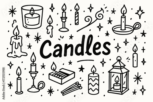 Candle icon set in outline style. wax, flame, light, lantern, decorative icons collection