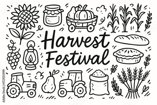 Harvest festival outline icon set. agriculture, farming, fall celebration icons collection.