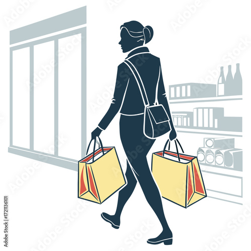 Woman walking with shopping bags past a store window display