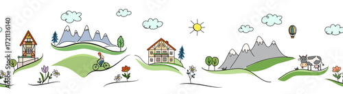 Picturesque cartoon-style mountain landscape. Horizontal seamless pattern featuring mountains, traditional Alpine-style village houses, cyclist, clouds, sun, flowers, grazing cow, hot air balloon