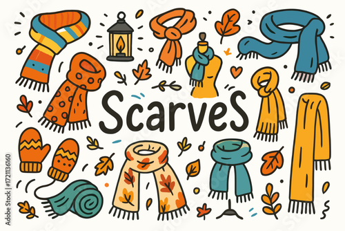 Autumn fashion outline icon set. scarves, mittens, leaves, cozy fall outfits icons