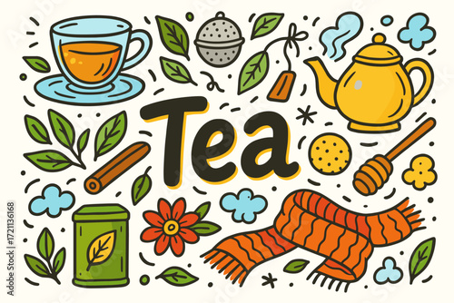 Tea time flat icon set. cozy tea elements and accessories flat collection
