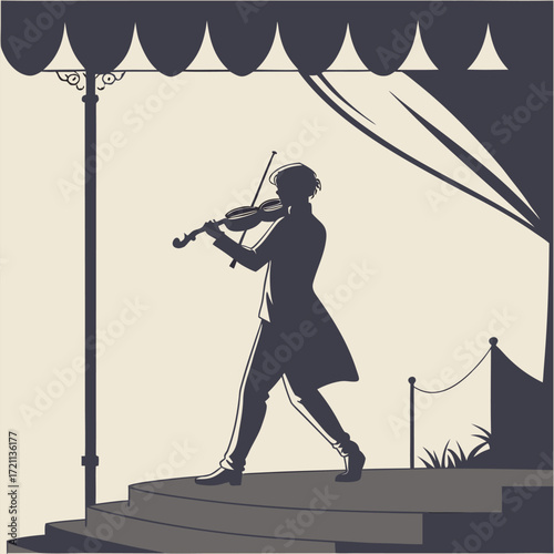 Silhouette of a violinist performing on a stage with dramatic lighting