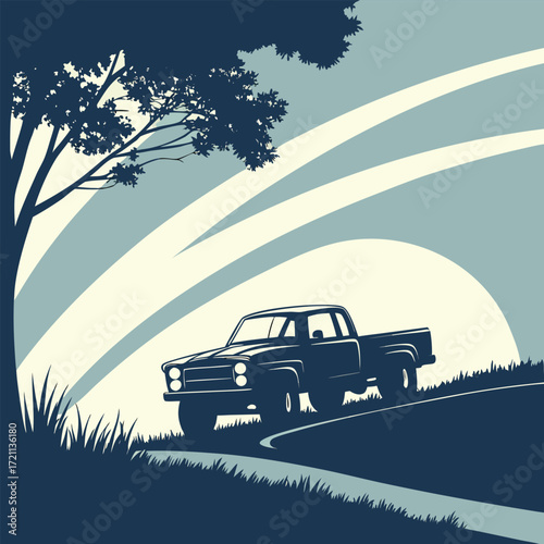 Vintage pickup truck silhouette driving toward a glowing sunset landscape