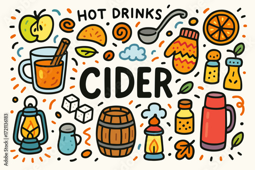 Hot drinks icon set. cozy, beverage, autumn, flat icons collection for cider lovers