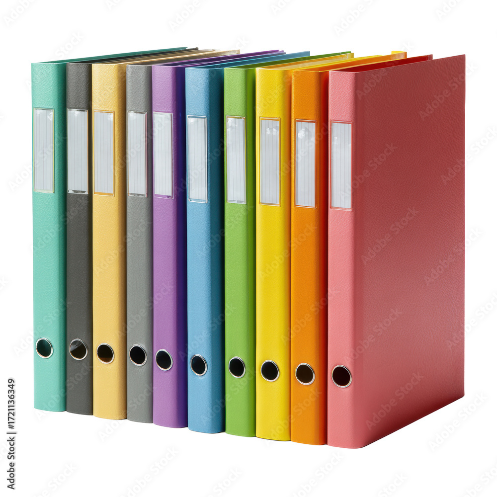 Fototapeta premium Organized binders in vibrant colors for effective office management on a transparent background, cut out