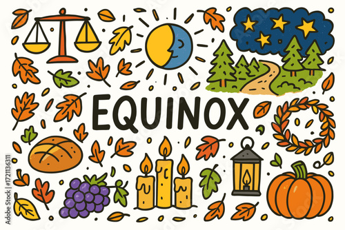 Autumn and equinox flat icon set. seasonal, nature, harvest flat icons collection