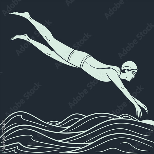 A stylized illustration of a swimmer in mid stroke above waves