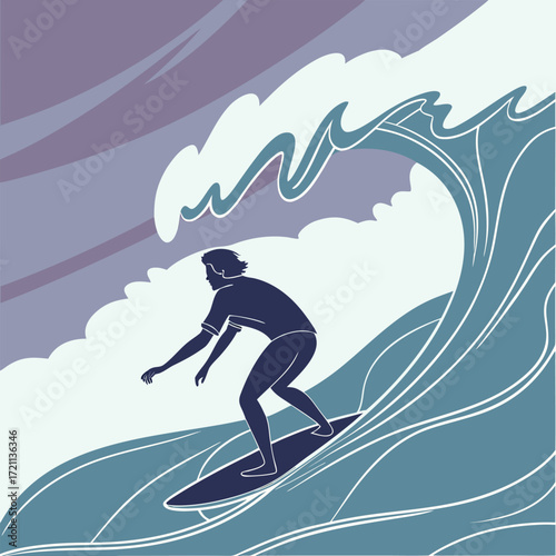 Silhouette of a surfer riding a large ocean wave in stylized art