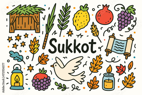 Sukkot celebration icon set with a doodle, holiday, festival vibe in filled style