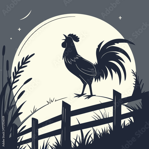 A majestic rooster silhouette stands proudly against the full moon at night