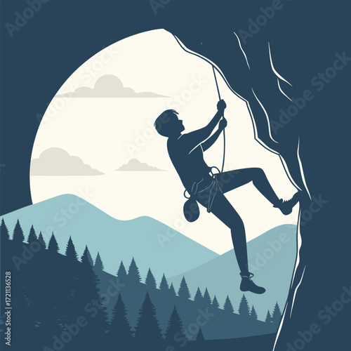 Silhouette of a rock climber against a mountainous landscape at dusk