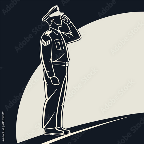 A silhouette of a soldier in uniform giving a respectful salute