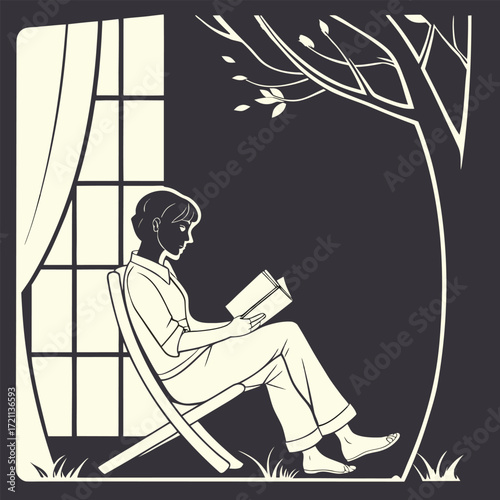 A woman sits reading a book near a window in quiet contemplation
