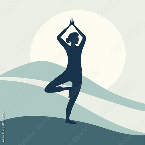Silhouette of a woman practicing yoga at sunset with scenic background