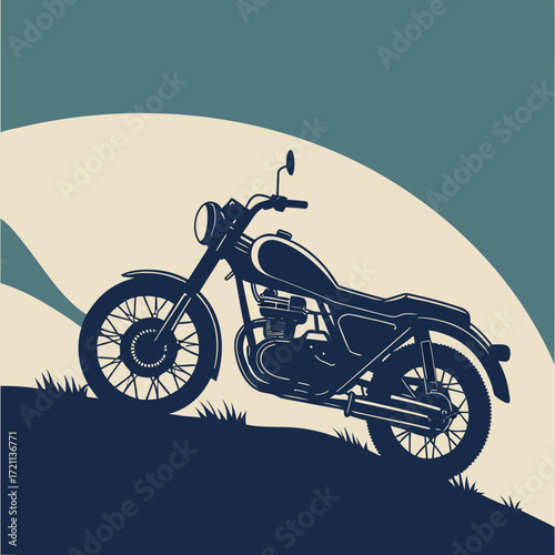 Vintage motorcycle silhouette against a curved backdrop simple and stylish design
