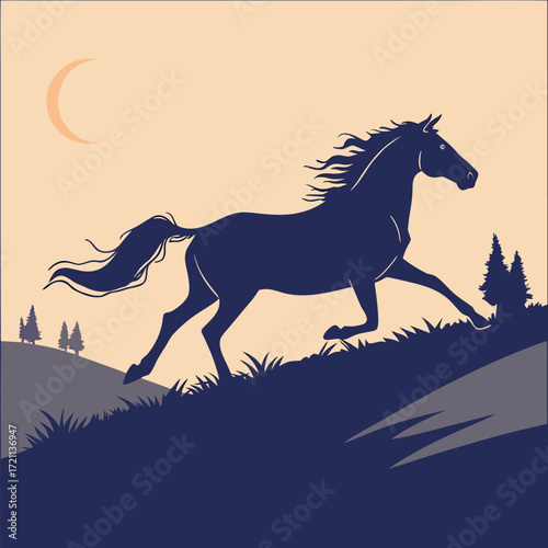 Silhouetted horse running on a hill under a crescent moon