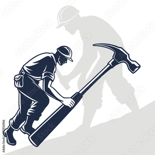 Construction worker with hammer and shadow a classic industry representation