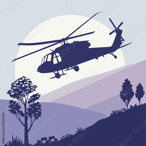 Silhouette of a military helicopter flying over a mountainous landscape