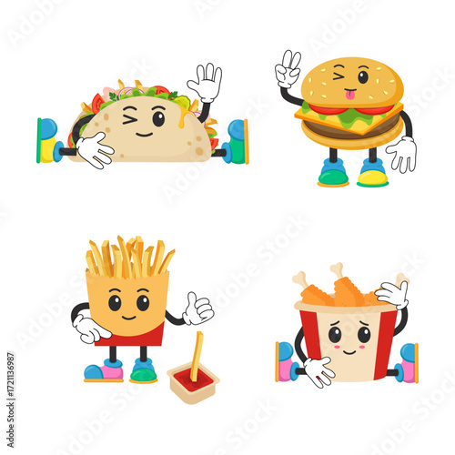 Vector illustrations of fast food with emoji