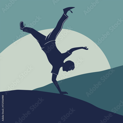 Silhouette of a person doing a handstand against a moon backdrop