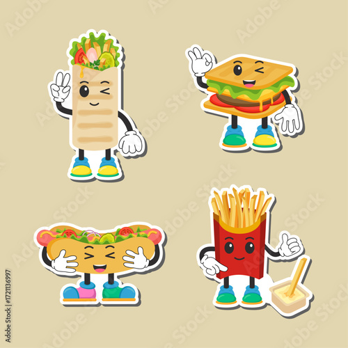 Fast food emoji stickers – vector illustration