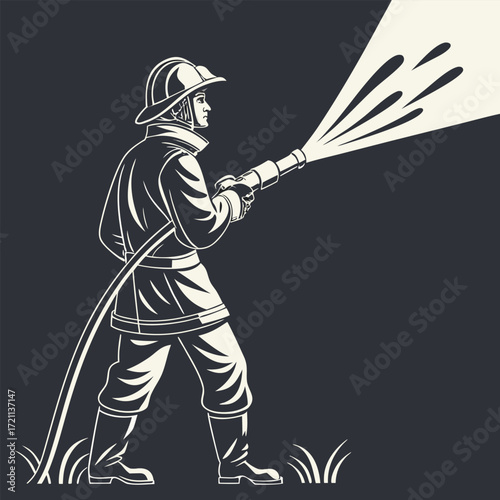 Brave firefighter powerfully directs a stream of water from a hose