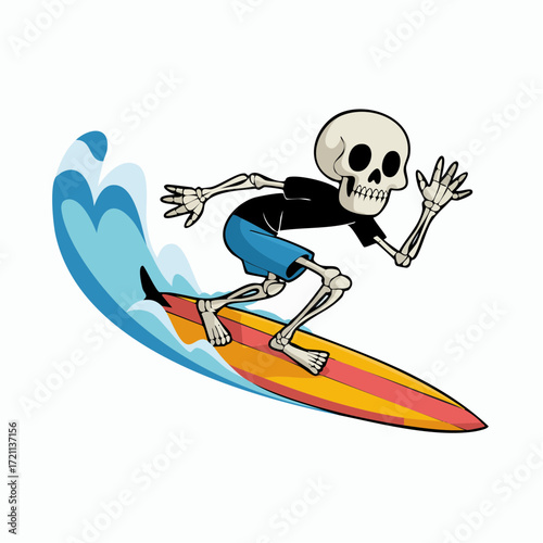 Cartoon Skeleton Surfer Riding a Colorful Surfboard on a Blue Wave.