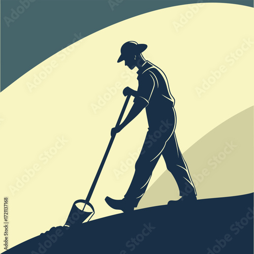 A silhouetted farm worker expertly tending to the land with a tool