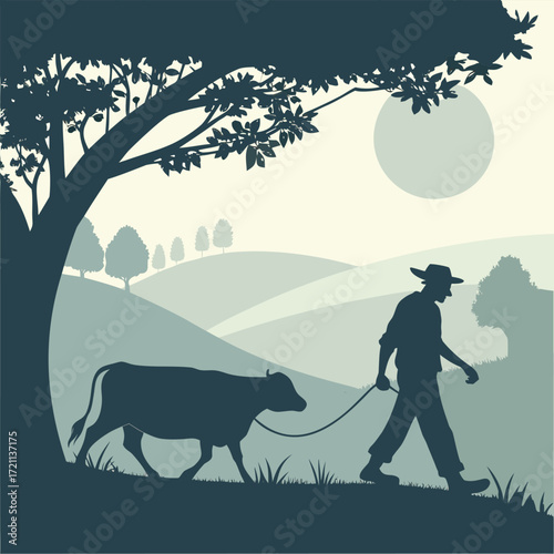 A silhouetted farmer leading a cow across a rural landscape at dusk