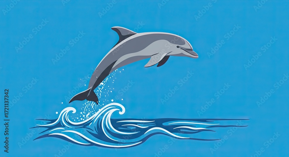 Obraz premium Cartoon Dolphin Jumping Over Blue Waves Aquatic Scene